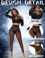 Womens Sexy Fishnet Lingerie Sets Footless Fishnet Stockings Hollow Out Long Sleeve 2 Piece Mesh Bodysuits