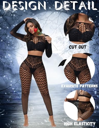 Womens Sexy Fishnet Lingerie Sets Footless Fishnet Stockings Hollow Out Long Sleeve 2 Piece Mesh Bodysuits