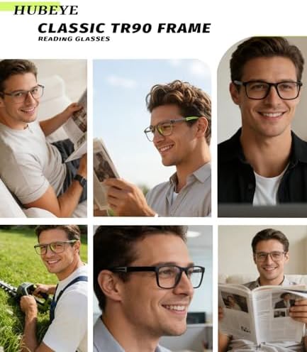 Hubeye TR90 Sports Reading Glasses for Men and Women Ultralight Flexible Anti-Blue Light Readers （Black+Green+Orange，1.0）