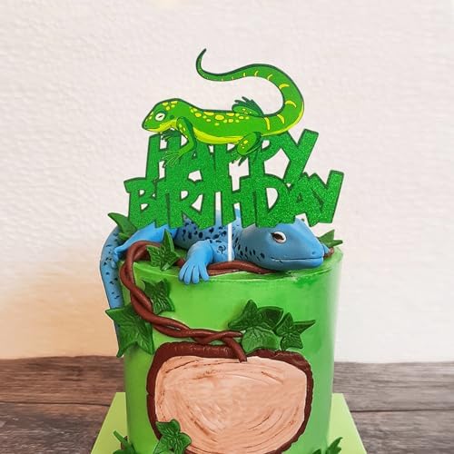 Lizard Happy Birthday Cake Topper,Chameleon Animal Silhouette Happy Birthday Cake Decorations Kids Boy Girl Birthday Party Glitter Green Supplies Decor