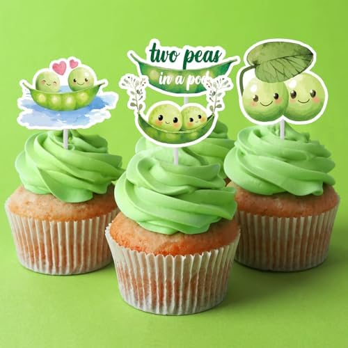 Cheereveal 24pcs Two Peas in a Pod Twins Baby Shower Cupcake Toppers, Cute Peas Cake Decorations, Green Vegetable Theme Cupcake Picks Gender Reveal Party Supplies