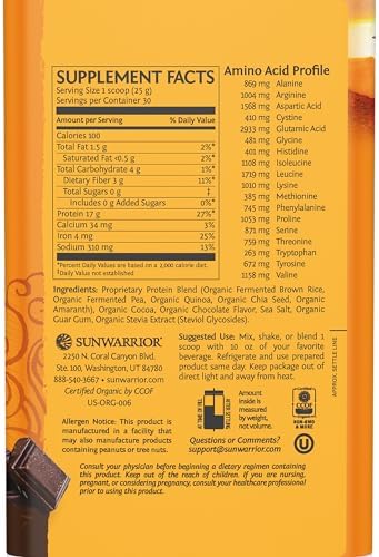 Sunwarrior - Classic Plus, Vegan Protein Powder with Peas & Brown Rice, Raw Organic Plant Based Protein, Chocolate, 30 Servings