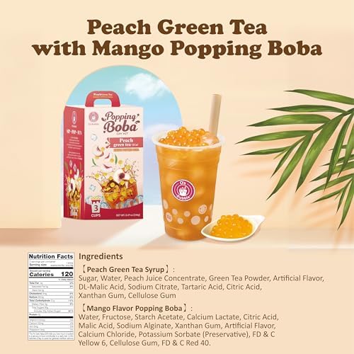 O’s Bubble Peach Green Tea – DIY Boba Kit with 3 Peach Syrup Packs & 3 Mango Popping Boba – Make Fruity Bubble Tea at Home – 3 Servings Included