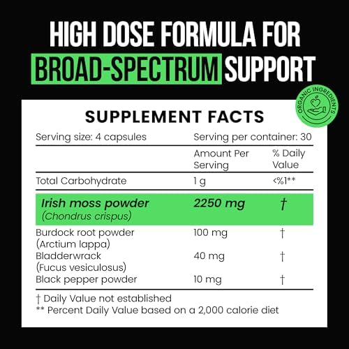 Organic Irish Sea Moss Capsules 2400 mg - Burdock Root and Bladderwrack Powder Real Seamoss Pills for Immune Support, Joint and Gut Health Help - Raw Sea Moss Advanced Herbal Supplement