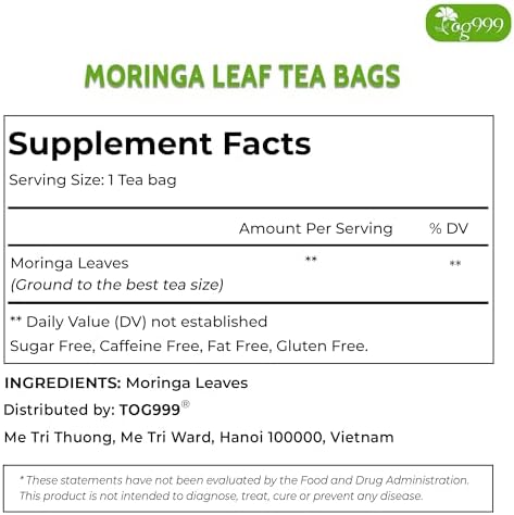 TOG999, Premium 120 Moringa Leaf Tea Bags, 100% Natural & Pure. Loose Leaf Moringa Herbal Tea. No Sugar, No Caffeine, No Gluten, Vegan.