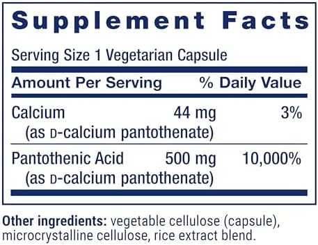 Life Extension Pantothenic Acid, 500 mg, Vitamin B5, Calcium, Support Healthy Metabolism, Mitochondrial Energy Production, Gluten-Free, Non-GMO, Vegetarian, 100 Capsules