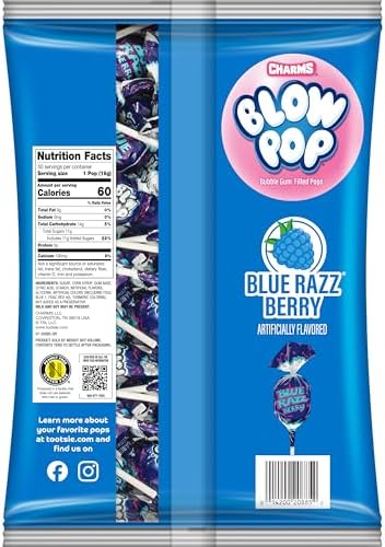 Charms Blow Pop Single Flavor Bag - Blue Raspberry Flavored Lollipops with a Bubble Gum Center - Individually Wrapped Hard Candy - Blue Candy - Peanut Free, Gluten Free, 50 Count (Pack of 1)