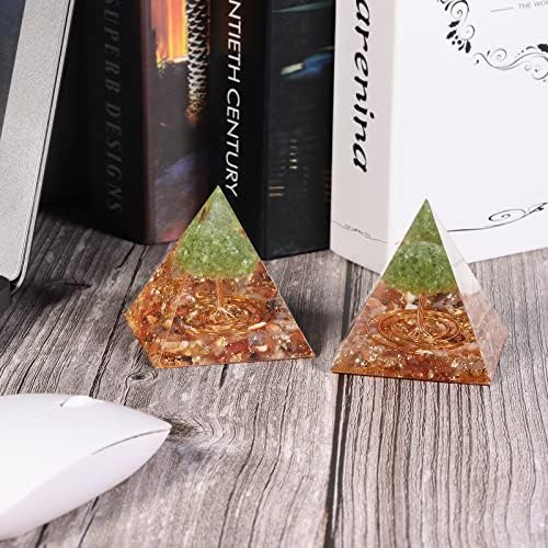 Peridot Crystal Stones Tree of Life Orgone Pyramid Positive Energy Protection Generator for Healing Chakra Resin Vastu Home Decor, Red Jasper