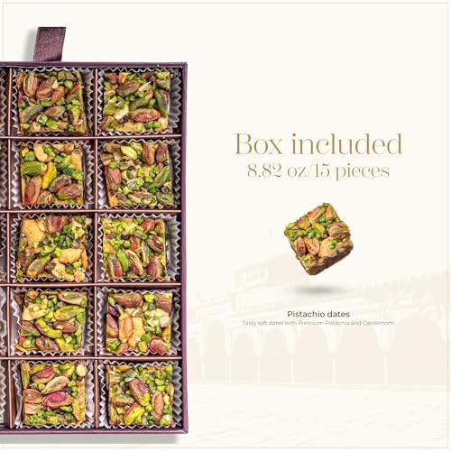 Damaskino Home Medjool Date & Nut Bites Gift Box – 10.5 oz (300 g), 15 Pieces – Cubes of Soft Dates with Pistachios, Cashews, Cardamom & Biscuits – Middle Eastern Snack & Gift Treat