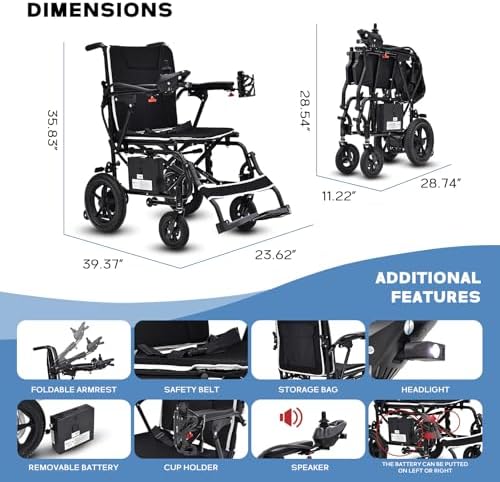 36 lbs Lightweight Foldable Electric Wheelchair for Adults & Seniors, 264LBS Capacity, 12-Mile Range All Terrain Power Wheelchair with LED Light & Cup Holder