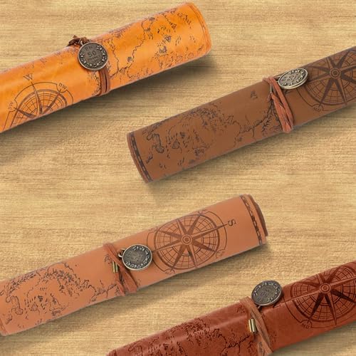 4 Pieces Leather Pencil Case, Creative Map Rollup Pencil Bag, Vintage Makeup Brush Pouch, Brown PU Matte Smooth Cover Storage Pouch Holder Organizer