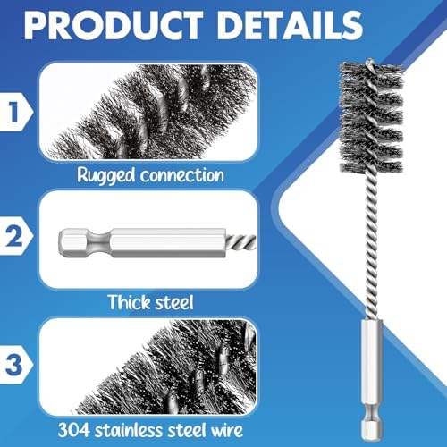 Hicarer 4 Pcs Stainless Steel Wire Brush for Drill Bore Brush Set with Hex Shank Handle Wire Brushes for Drill Ports Tubes Bearings Cleaning Parts Attachments and More, 3/8'', 1/2'', 3/4'', 7/8''