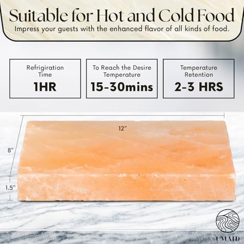 UMAID Himalayan Salt Block Cooking Plate 12x8x1.5 for Cooking, Grilling, Cutting and Serving, Food Grade Rock Salt Stone with Steel Tray & Recipe Pamphlet Unique Gifts for Men, Women, Chefs & Cooks