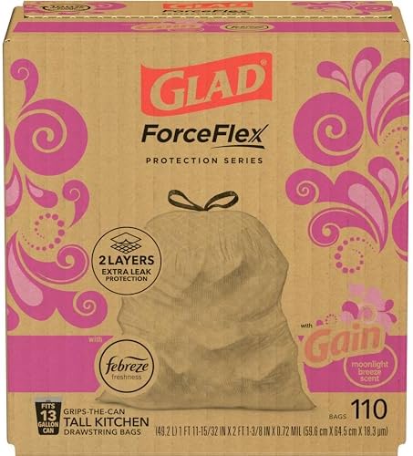 Glad ForceFlex Tall Kitchen Trash Bags, 13 Gal, Gain Moonlight Breeze, 110 Ct, Pack May Vary