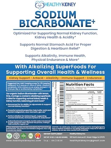 Organic Use Sodium Bicarbonate Alkaline Supplement for Alkalinity. Support Kidney & Stomach Acid Neutralizer w/Alkaline Superfoods. Sodium Bicarbonate Powder Kidney Immune Support Antacid Sport 1.5LB