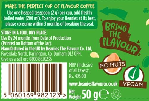 Beanies Flavour Instant Coffee - Irish Cream Instant Flavored Coffee - Bold & Adventurous Full-On Flavor - An Indulgent Sugar Free Taste Explosion - Low Calorie - Vegan & Gluten Free - Wheat & Dairy Free, 50g jar