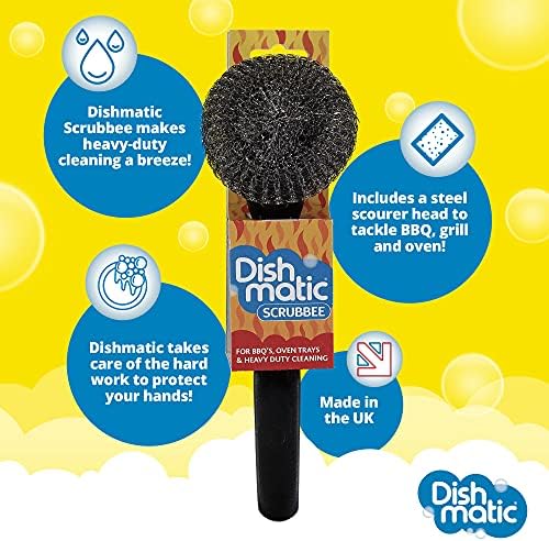 Dishmatic Scrubbee Washing-Up Stainless Steel Scourer for BBQ, Grill, Oven – Kitchen Washing-Up Handle with Easy-Grip Handle