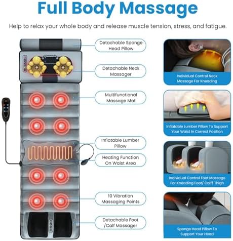 KOCASO Full Body Massage Mat with Heat, Electric Heated Massage Pad Cushion w/Vibration for Back/Neck/Foot, Detachable Head Pillow, Timer Function