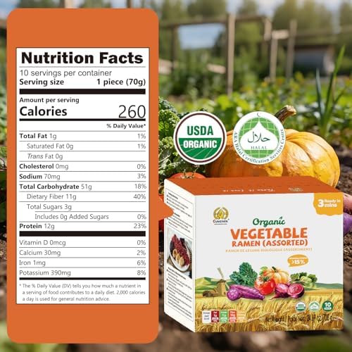 SUNGIVEN Organic Ramen Noodles Mixed Vegetable Healthy Low Sodium Ready in 3 Minutes Non-Fried Instant No Additives or Preservatives 2.47 OZ (Pack of 10)