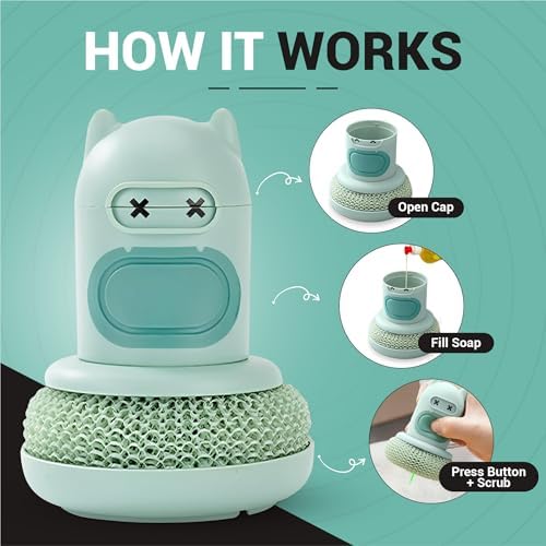 Dish Scrubber with Soap Dispenser, 2 Replaceable Sponges Included, Refillable Push-Button Handheld Sponge Scrubber, Palm Grip Kitchen Sink Cleaner for Dishes, Pots, Pans & Nonstick