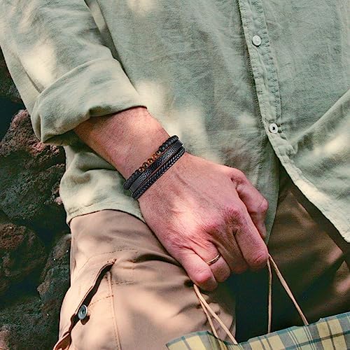 Leather Bead Bracelets for Men, Natural Tiger Eye Lava Rock Stone Bead Magnetic Clasp Adjustable Leather Bracelets Stress Relief Mens Anxiety Bracelet Mens Jewelry Gifts