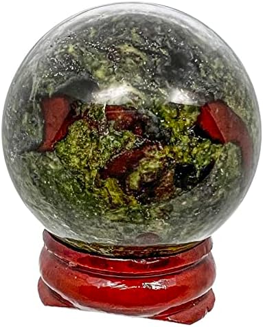 1.5"(40mm) Ball Sphere Figurine with Wood Stand, Polished Natural Gemstone Crystal Balls Sculpture Fengshui Healing Decoration, Dragon Bloodstone