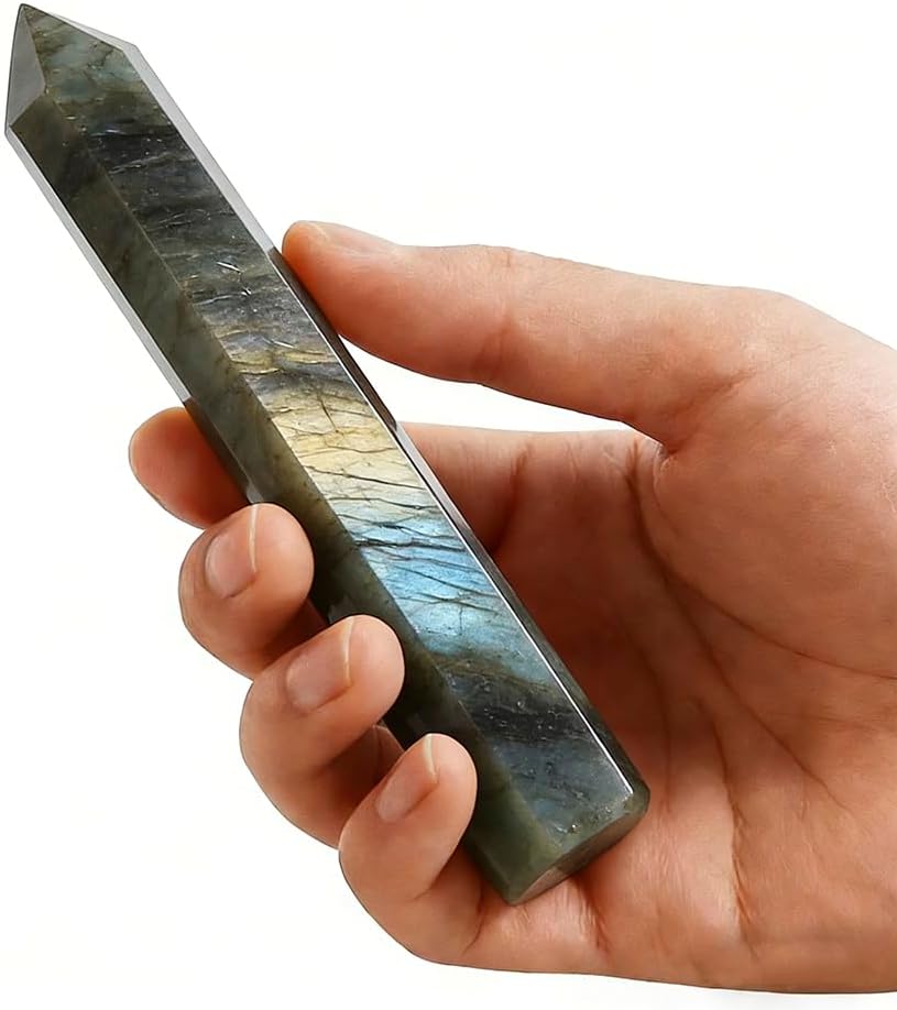 Natural Stone and Crystals Point Wand Reiki Healing Stone Rose Quartz Amethyst Home Decor Mineral Stones Crafts (5.9inch Wand Labradorite)