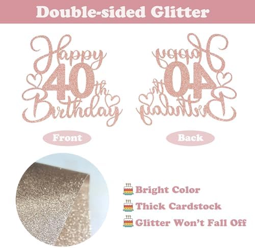 Sotpot 1 Pack 40th Birthday Cake Topper Double-sided Rose Gold Glitter Cake Pick Cake Decoration for Happy 40th Birthday Anniversary Party Decorations