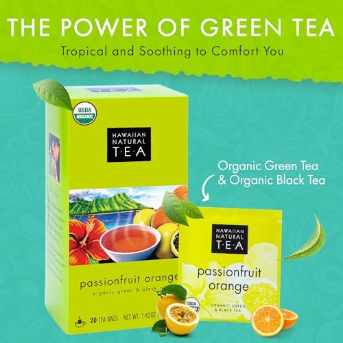 Hawaiian Natural Passion Fruit Orange Flavored Organic Tea - Tropical Fruit Green & Black Tea Blend, Perfect Daily Cup & Gift - 20 Bags
