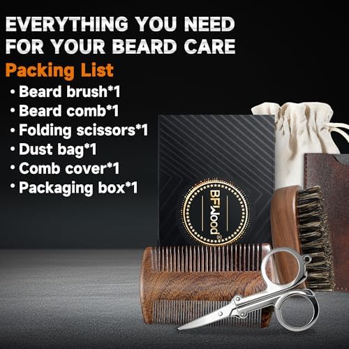BFWood Mens Beard Brush Comb Kit, Small Travel Beard Set - Natural Boar Bristles With Black Walnut Wood, Grooming Sandalwood Mustache Comb, Mustache Trimming Sissors With Storage Bag