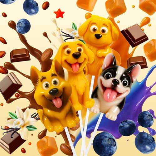 Puppy-Shaped Lollipops Individually Wrapped 24 Count, Human-Grade Pet-Themed Candy For People - Golden Retriever, French Bulldog, Labrador Puppy, German Shepherd Dog - Pet-Shaped Handmade Candy Sucker