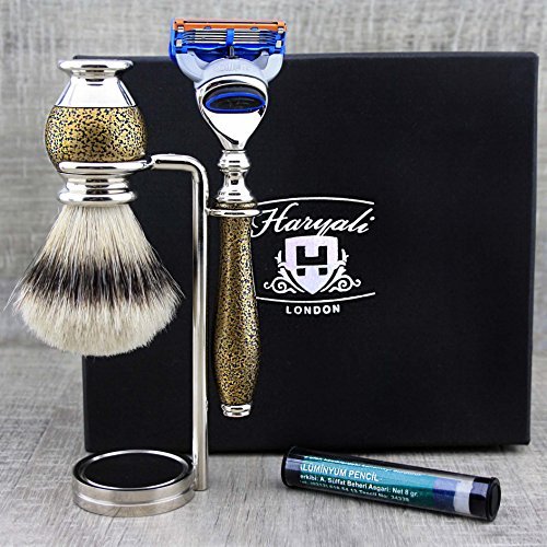 4 Pc Mens Shaving Kit 5 Edge Razor With Silver Tip Badger Hair Shaving Brush, Stand and Alum Perfect Set For Men
