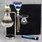 4 Pc Mens Shaving Kit 5 Edge Razor With Silver Tip Badger Hair Shaving Brush, Stand and Alum Perfect Set For Men