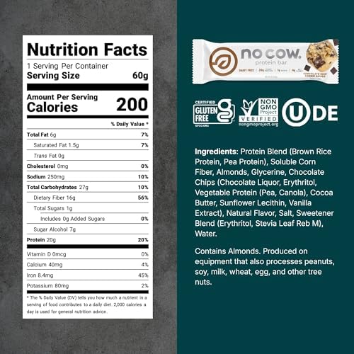 No Cow Vegan Protein Bars, Upgraded Chocolate Chip Cookie Dough | 20g Plant Based Protein, Gluten Free, Dairy Free, Soy Free, Keto Friendly, Low Sugar, High Fiber Snack Bars | Pack of 12
