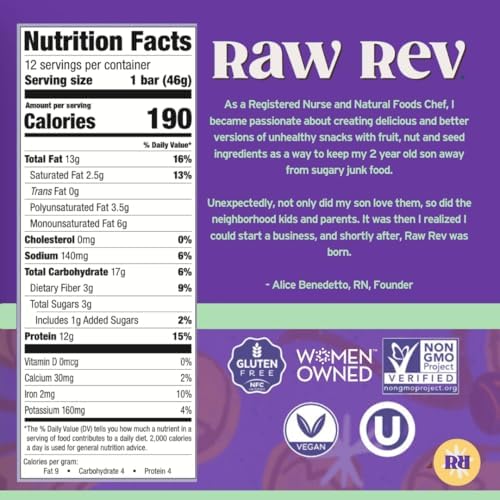 Raw Rev Vegan Protein Bars- Peanut Butter Dark Chocolate & Sea Salt, 12 bars, Non-GMO, Plastic-Neutral, Nothing Artificial, Glo Formula, Gluten-Free, Keto-Friendly, Paleo, Kosher, No Sugar Alcohols, No Stevia