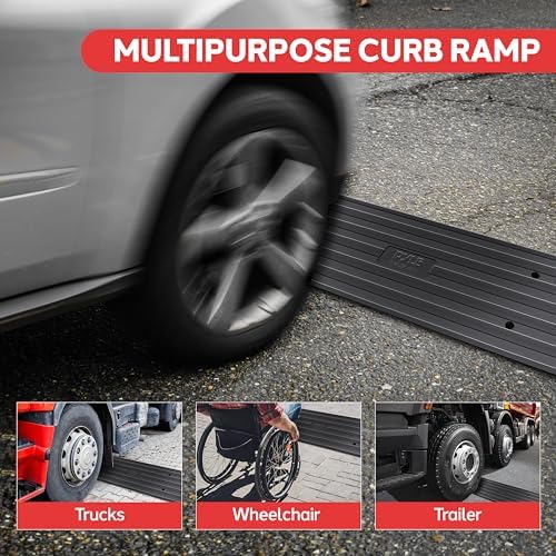 Car Vehicle Curbside Driveway Ramp - 4ft Heavy Duty Rubber Threshold Bridge Track Curb Ramp, for Loading Dock, Garage, Sidewalk, Truck, Scooter, Bike, Motorcycle, Wheelchair Mobility - Pyle PCRBDR21