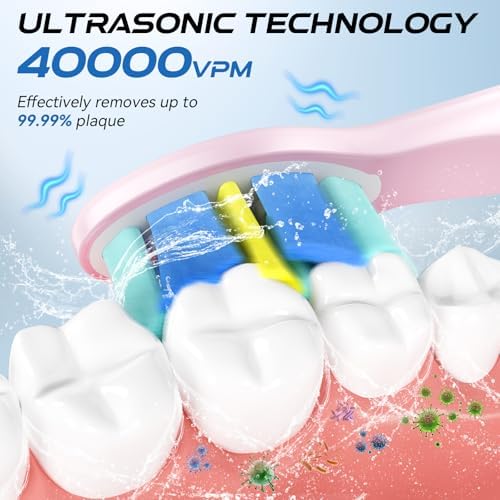 YUNCHI Electric Toothbrush Pink, Battery Toothbrush for Adults, Rechargeable Toothbrushs-8 Brush Heads, 5 Modes & 2 Min Smart Timer, IPX7 Waterproof,30 Days Battery Long,Travel Case