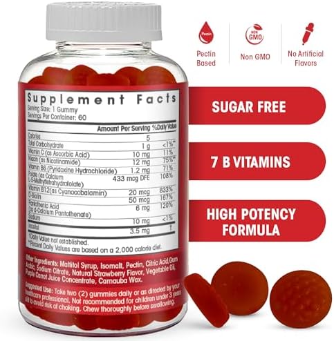 Sugar Free Vitamin B Complex Gummies - Vitamin B12, B7, B6, B3 (Niacin), B5, B8, B9 (Folate)- Third Party Tested- Prenatal, Vegan Diet, Older Adults - B Complex Vitamin Supplement- 60 Gummy Bottle