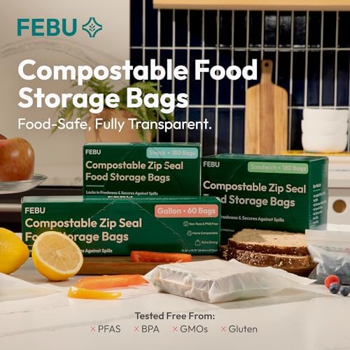 FEBU Snack Compostable Food Storage Bags, 180 Count | Certified Home Compostable & Biodegradable | PFAS & BPA Free Zipper Bags | Leak-Proof & Resealable | 6.5"x 3.25"