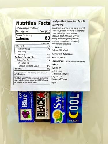 Konbini Japan - Lotte Assorted Japanese Chewing Bubble Gum Variety Pack - Black, Blue Berry, Cool Mint, Juicy Fresh (Pack of 4)