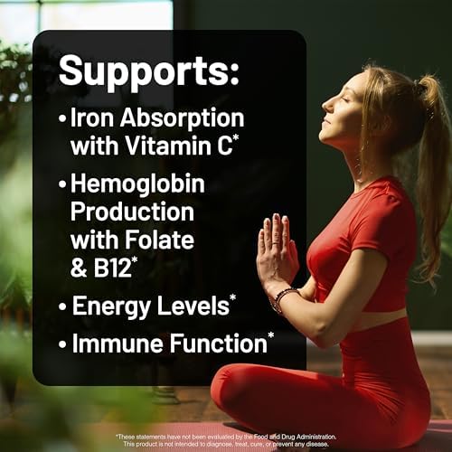 NatureWise Vegan Iron Supplement for Women & Men - Gentle on Stomach High Absorption - Coated Iron Bisglycinate Tablets + Vitamin C, Methyl B12, Folate & Organic Food Blend - 30 Tablets[30-Day Supply]