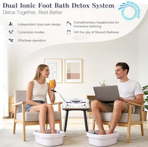 veicomtech Dual Ionic Foot Bath Detox Machine, ion Detox Foot Bath Spa Cleanse System for 2 Users with MP3 Music Player, 2 Array, 2 Wrist Band, 5 Liners