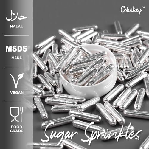 Cobakey Bright Silver Sprinkles for Cake Decorations 100g/ 3.52oz Rods Metallic Pearl Sugar Sprinkles for Cupcake Toppers Wedding Party Valentines Halloween Christmas Supplies