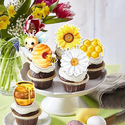 48 PCS Edible Bumble Bee Cupcake Toppers Wafer Paper Oh Babee Cake Decorations for Bee Theme Baby Shower Kids Boys Girls Birthday Cake Party Decoration