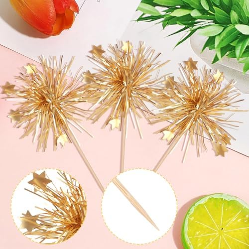 Rsstarxi 30 Pack Happy Birthday Cupcake Toppers Gold Firework Foil Cupcake Toppers Sparkle Tinsel Flower Drink Stirrers Cocktail Food Toothpicks for New Years Eve Christmas Party Cake Decorations