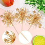 Rsstarxi 30 Pack Happy Birthday Cupcake Toppers Gold Firework Foil Cupcake Toppers Sparkle Tinsel Flower Drink Stirrers Cocktail Food Toothpicks for New Years Eve Christmas Party Cake Decorations