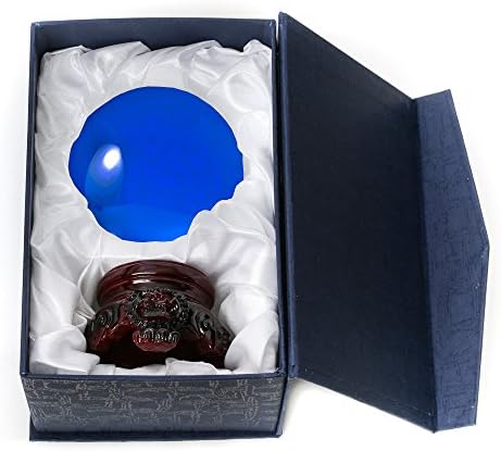 Amlong Crystal 3 inch (80mm) Blue Crystal Ball with Redwood Lion Resin Stand and Gift Box for Decorative Ball, Lensball Photography, Gazing Divination or Feng Shui, and Fortune Telling Ball