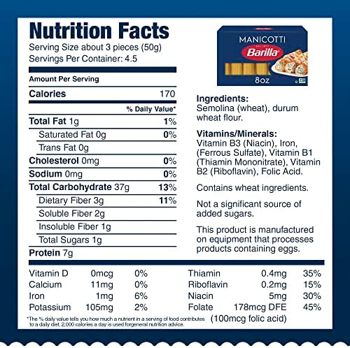 Barilla Manicotti Pasta, 8 oz. Box (Pack of 12) - Non-GMO, Made with Durum Wheat Semolina - Kosher Certified