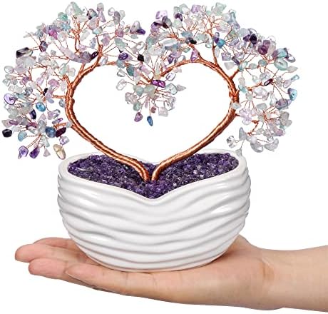 Jovivi Fluorite Crystal Heart Money Tree Healing Gemstone Bonsai Tree for Wedding Ceremony Reiki Balancing Energy Meditation Feng Shui Wealth & Good Luck Home Indoor Office Decor 7.87"-8.26"