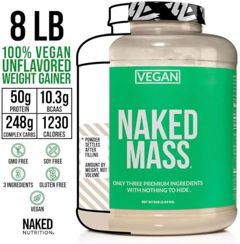 NAKED Vegan Mass - Natural Vegan Weight Gainer Protein Powder - 1,230 Calories, NSF Certified, Non-GMO, Soy & Gluten Free, No Artificial Ingredients - 8LB Bulk - 11 Servings